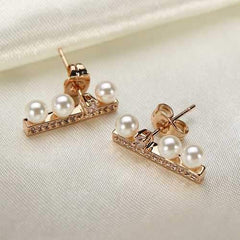 Simple Rhinestone Crystal Pearl Ear Stud Earrings Gold Silver Plated