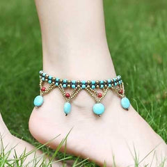 Vintage Turquoise Beads Braided Rope Copper Bell Anklet