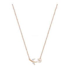 S925 Sterling Silver Rhinestone Artificial Pearl Leaves Short Clavicle Necklace