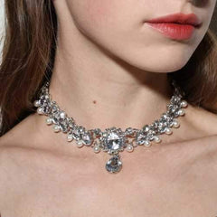 Trendy Crystal Drop Artificial Pearl Choker Women Necklace