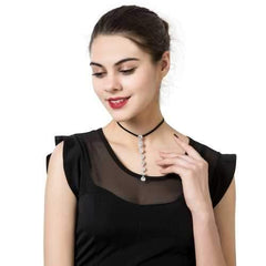 Shiny Eight Rhinestones Long Pendant Punk Black Choker Leather Clavicle Elegant Necklace for Women