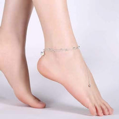 Heart and Rhinestone Pendant Double Layer Bell Foot Chain Silver Plated Anklet