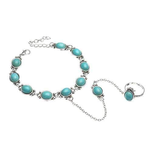 Bohemian Blue Turquoise Ring Bracelet Vintage Alloy Chain Bracelet Women Jewelry