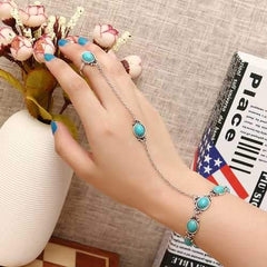 Bohemian Blue Turquoise Ring Bracelet Vintage Alloy Chain Bracelet Women Jewelry