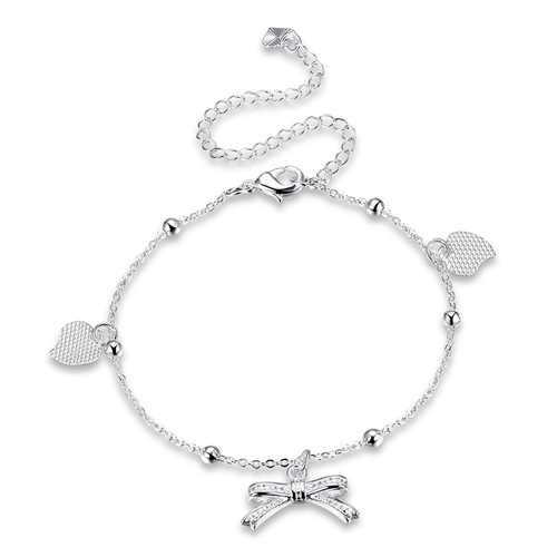YUEYIN 925 Silver Plated Anklet Bracelet Sweet Heart Bowknot Pendant Sandal Foot Chain
