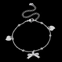 YUEYIN 925 Silver Plated Anklet Bracelet Sweet Heart Bowknot Pendant Sandal Foot Chain