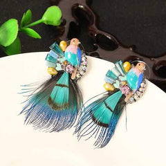 Bohemian Ethnic Style Feather Earrings 14K Gold Plated Bird Charm Gemstone Eardrop Gift for Women