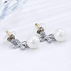 Elegant Women Piercing Earrings Artificial Pearl Shiny Zircon Cross Flower Pendant Ear Stud Gift