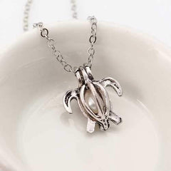 Retro Pearl Necklace Fashion Silver Color Hollow Openable Turtle Can Open Pendant Women Jewelry