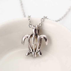 Retro Pearl Necklace Fashion Silver Color Hollow Openable Turtle Can Open Pendant Women Jewelry