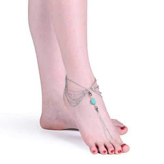 Vintage  Silver Anklet Turquoise Multilayer Barefoot Anklet