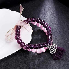 Sweet Amethyst Crystal Opal Beads Heart Tassels Elegant Two-layer Bracelet Women Jewelry