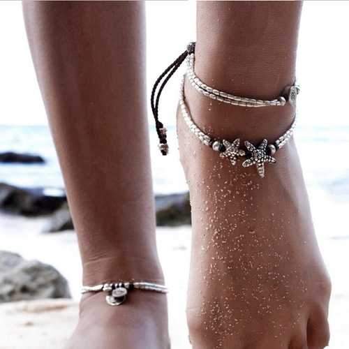 Vintage Antique Silver Anklet Women Starfish Rune Beaded