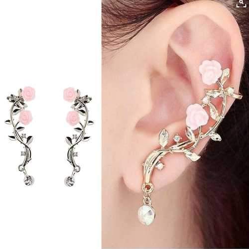 Elegant Pink Flower Womens Cuff Earring Silver Gold Color