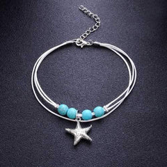 Bohemian White Wax Rope Blue Ball Beads Star Pendant Anklets