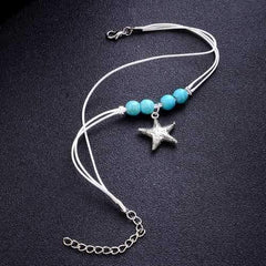 Bohemian White Wax Rope Blue Ball Beads Star Pendant Anklets