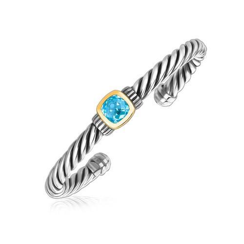 18k Yellow Gold and Sterling Silver Blue Topaz Open Cable Style Cuff Bangle, size 7.5''