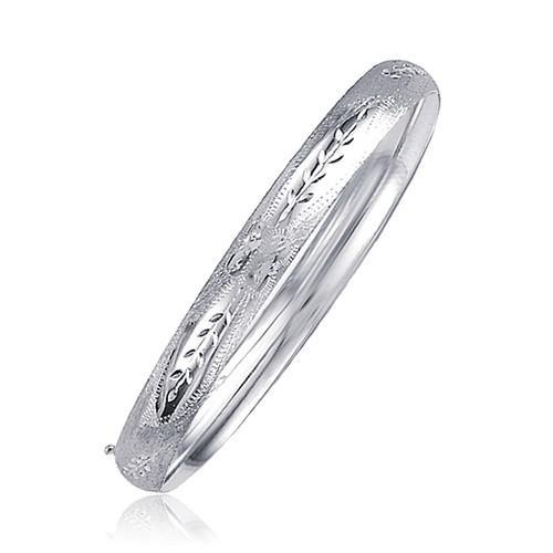 Classic Floral Carved Bangle in 14k White Gold (6.0mm), size 7''