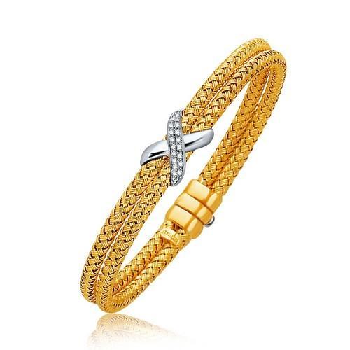 Basket Weave Bangle with Diamond Cross Accent in 14k Tone Gold (7.0mm), size 7.25''