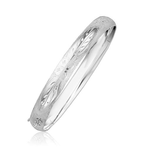 Classic Floral Carved Bangle in 14k White Gold (8.0mm), size 7''