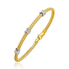 Basket Weave Bangle with Cross Diamond Accents in 14k Yellow Gold (4.0mm), size 7.25''