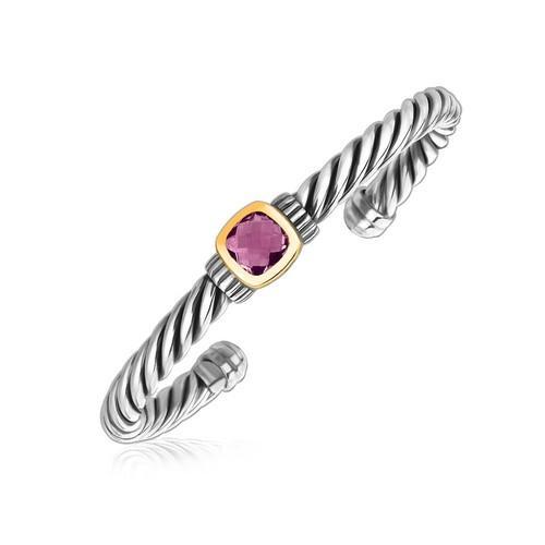 18k Yellow Gold and Sterling Silver Rope Cuff Bangle with Amethyst Centerpiece, size 7.5''