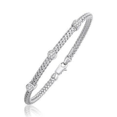 Basket Weave Bangle with Diamond Accents in 14k White Gold (4.0mm), size 7.25''