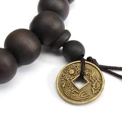 Vintage Unisex Black Buddhist Tibetan Prayer Wood Beads Coin Bracelet for Men