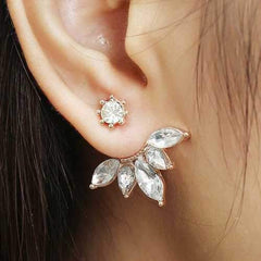 Elegant Silver Gold Plated Zircon Leaf Ear Stud Earrings For Women