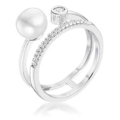 .15Ct Rhodium Plated CZ and Freshwater Pearl Contemporary Double Band Ring